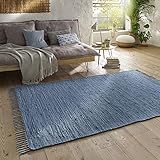 Taracarpet Handwebteppich Läufer Fleckerl Teppich Uni waschbar aus Baumwolle für Wohnzimmer und Küchenteppich 060x090 cm blau