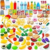 JOYIN 135 Stück Pretend Küche Spielen Lebensmittel Spielzeug with Fruit, Vegetable, Tableware, Bottle - Kids Education Kitchen Toy for Toddler Boys and Girls